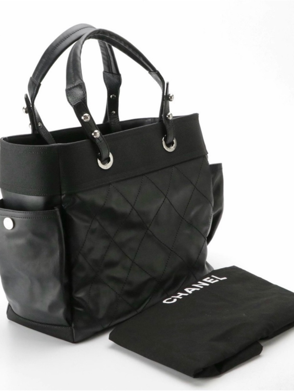 CHANEL Paris Biarritz Tote, Black Quilted Coated Canvas w Top Handles  Zip Pouch